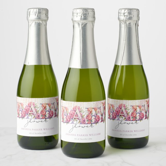 Girl Baby Shower Floral Letters Personalised Sparkling Wine Label (Bottles)