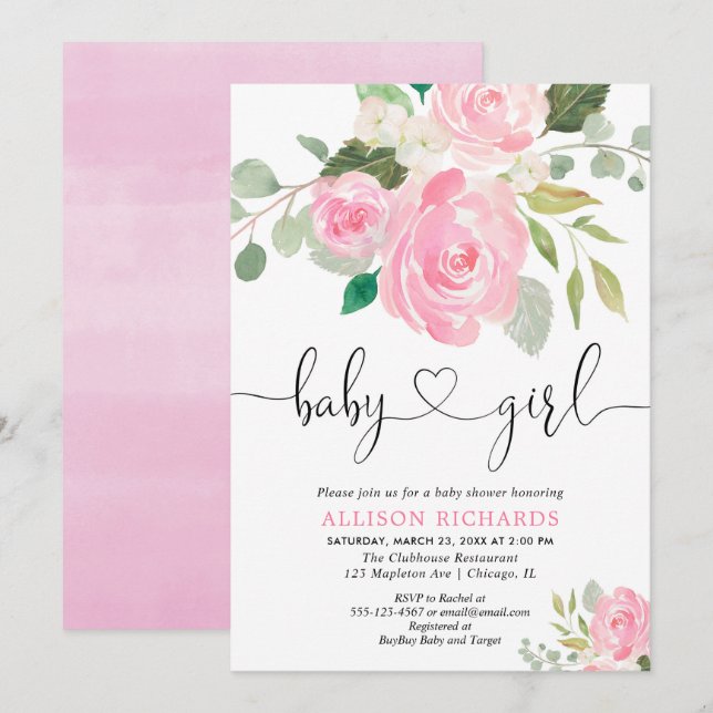 Girl baby shower floral watercolors blush pink invitation (Front/Back)