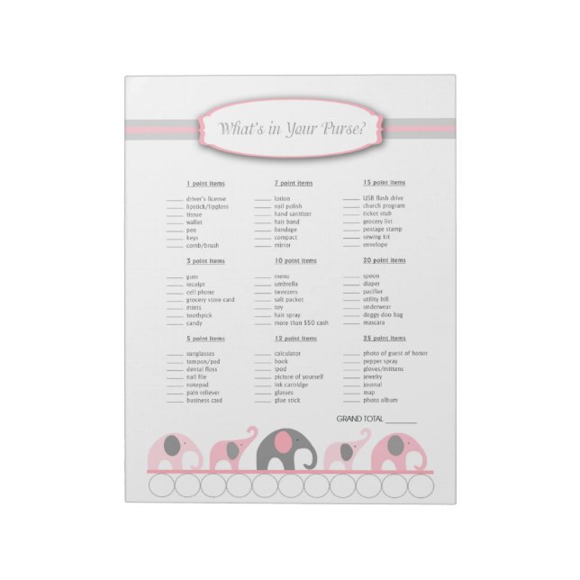 Girl baby shower game, pink elephant purse notepad (Rotated)