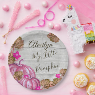 Girl Baby Shower Grey Wood Autumn Pink Pumpkin Paper Plate