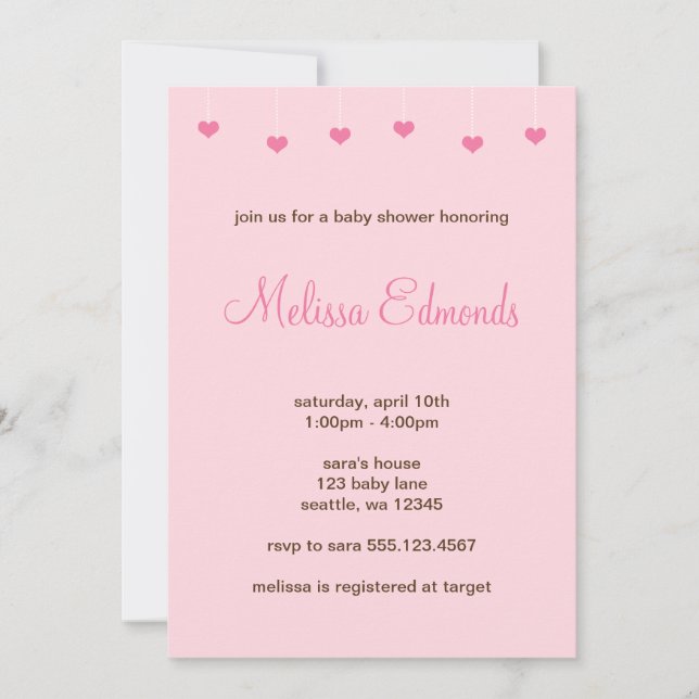 Girl Baby Shower Hanging Light Pink Hearts Invitation (Front)