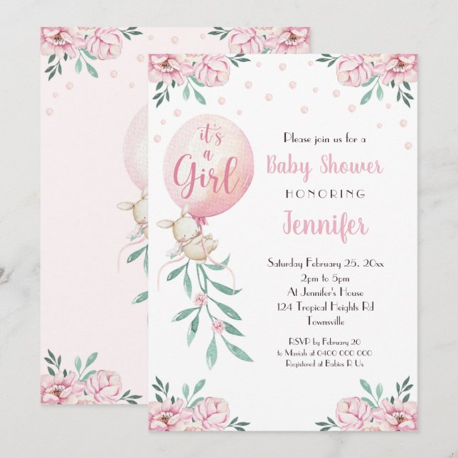 Girl Baby Shower Invitation Balloons Pink Baby (Front/Back)