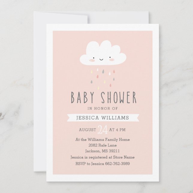 Girl Baby Shower Invitation - Cute Cloud in Pink (Front)