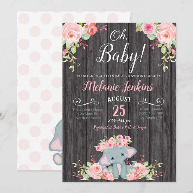 Girl Baby Shower Invitation, Elephant Baby Shower Invitation (Front/Back)