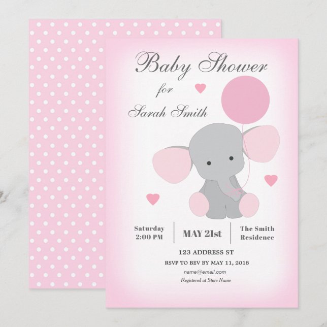 Girl Baby Shower Invitation Elephant Pink (Front/Back)