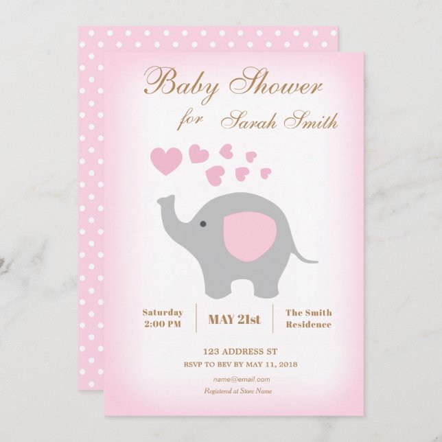 Girl Baby Shower Invitation Elephant Pink Hearts (Front/Back)