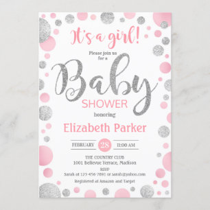 Girl Baby Shower Invitation - Pink Silver Dots