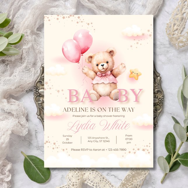 Girl Baby Shower invitation, Teddy Bear Balloons Invitation (Creator Uploaded)