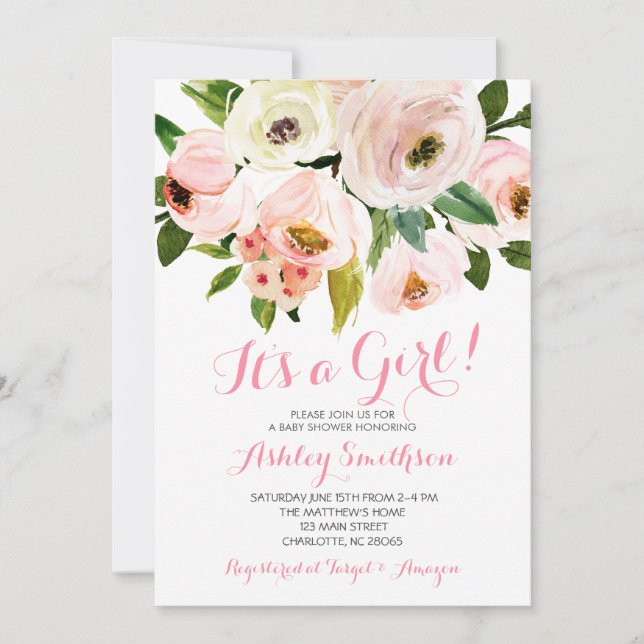 Girl Baby Shower Invitations, pink flowers Invitation (Front)