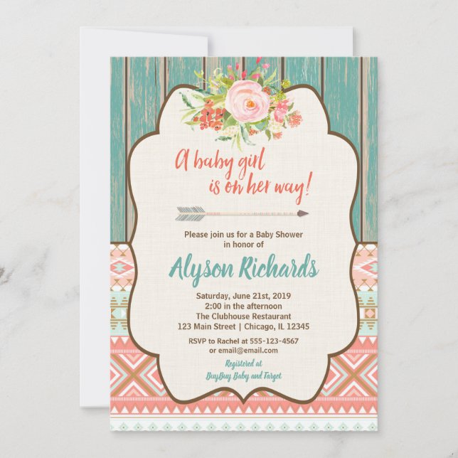 Girl baby shower invitations, tribal baby shower invitation (Front)
