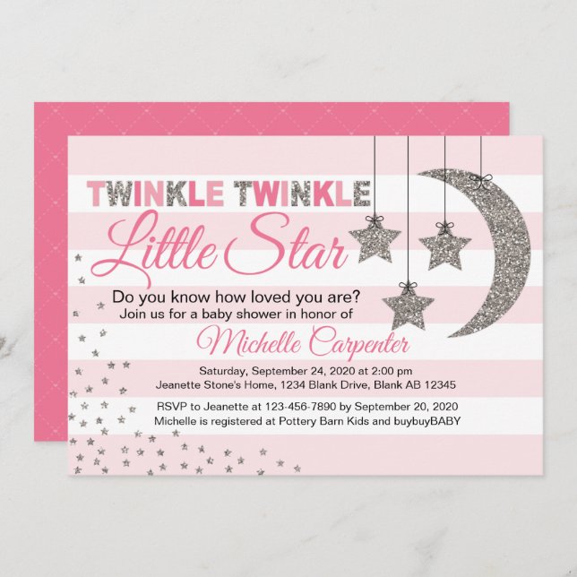 Girl baby shower invites twinkle little star pink (Front/Back)