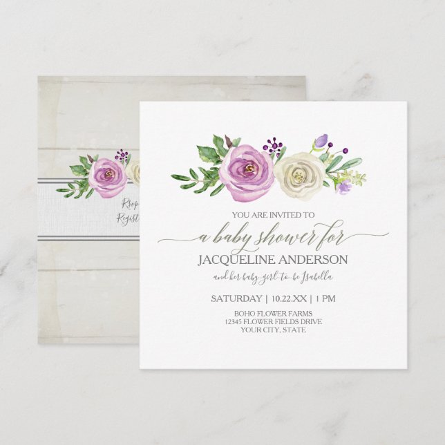Girl Baby Shower Lilac n White Roses Rustic Wood Invitation (Front/Back)