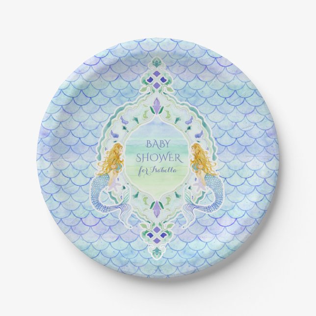 Girl Baby Shower Mermaid Fish Scale Pattern Paper Plate (Front)