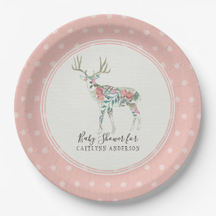 Girl Baby Shower Modern Floral Rose Deer Antlers Paper Plate