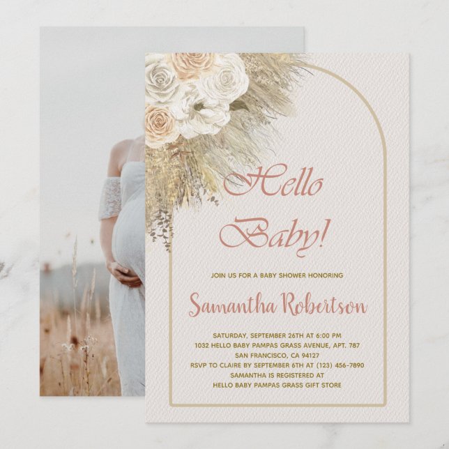  Girl Baby Shower Pampas Grass Boho Floral Photo Invitation (Front/Back)