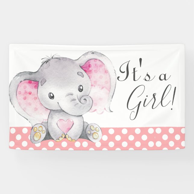 Girl Baby Shower Pink Elephant Cute Watercolor Banner (Horizontal)