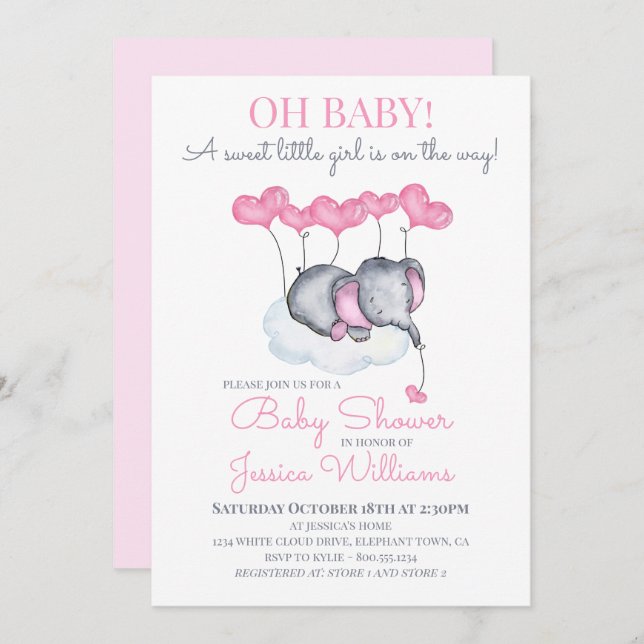Girl Baby Shower Pink Elephant on Cloud Invitation (Front/Back)