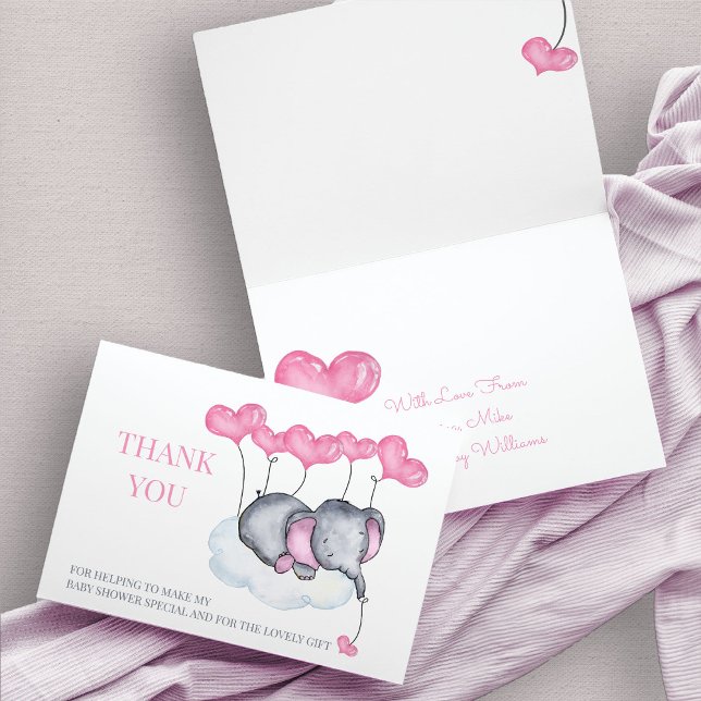Girl Baby Shower Pink Elephant on Cloud Thank You Card (Thank You card with cute baby elephant and pink love heart balloons)