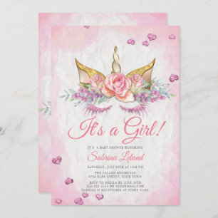 Girl Baby Shower Pink Fantasy Sleepy Unicorn Invitation