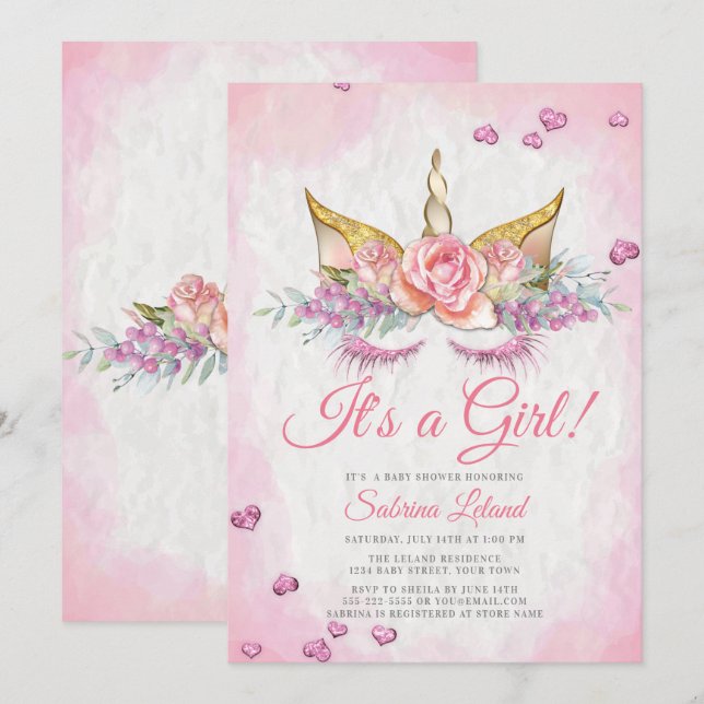 Girl Baby Shower Pink Fantasy Sleepy Unicorn Invitation (Front/Back)