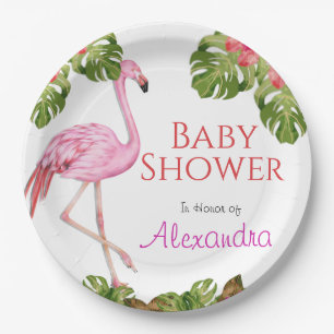 Girl Baby Shower Pink Flamingo Tropical Wildlife Paper Plate
