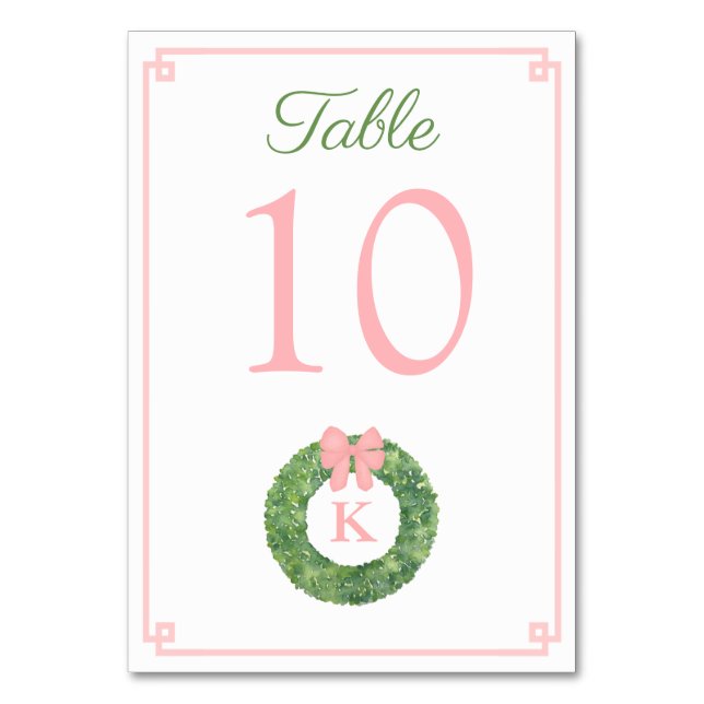 Girl Baby Shower Pink Monogram Boxwood Wreath Table Number (Front)