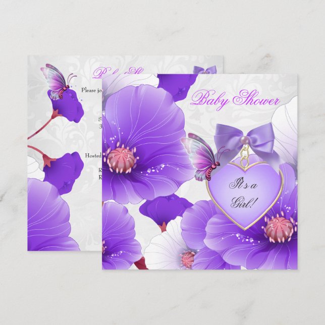 Girl Baby Shower Pink Purple Butterfly Floral 2 Invitation (Front/Back)