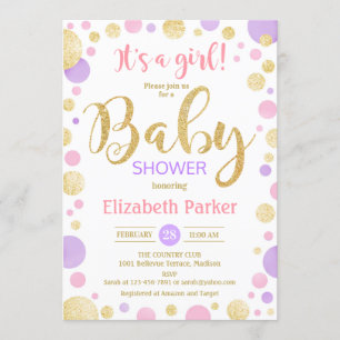 Girl Baby Shower - Pink Purple Gold Dots Invitation