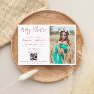 girl baby shower pink script photo qr code simple invitation