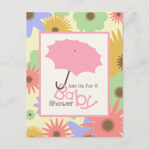 Girl Baby Shower - Pink Umbrella & Pastel Flowers Invitation