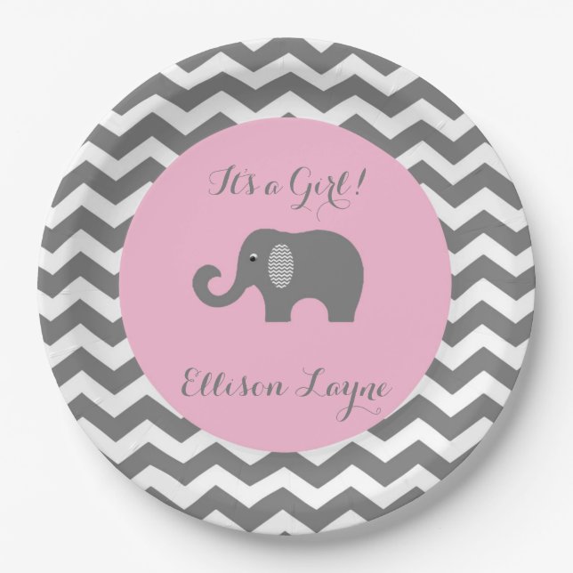 Girl baby shower plates with elephant and chevron (Front)