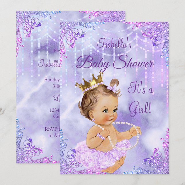 Girl Baby Shower Purple Lilac Pearl Brunette Invitation (Front/Back)