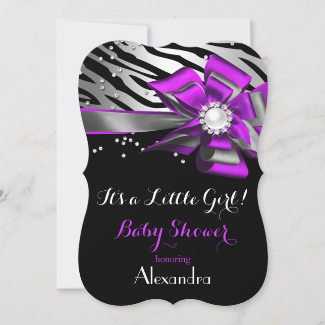 Girl Baby Shower Purple Pink Zebra Black Silver 2 Invitation (Front)