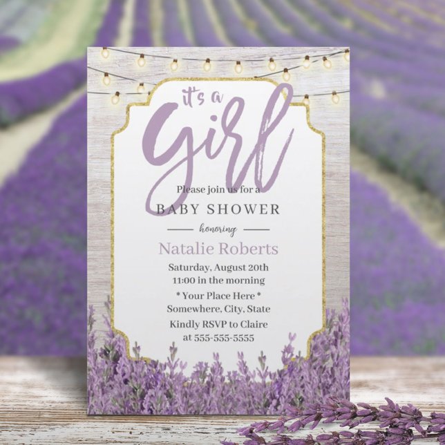 Girl Baby Shower Rustic Lavender String Lights Invitation (Creator Uploaded)