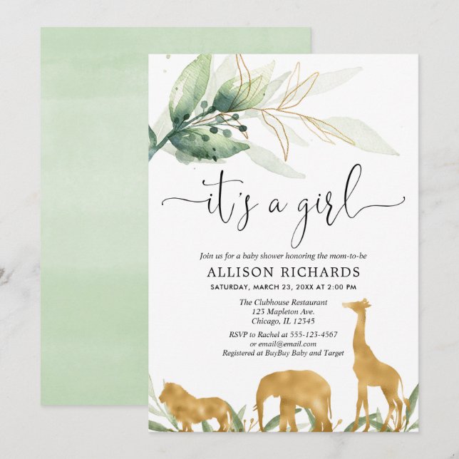 Girl baby shower, safari jungle gold animals invitation (Front/Back)