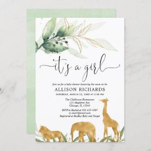 Girl baby shower, safari jungle gold animals invitation