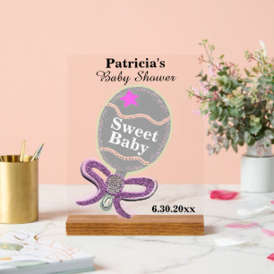 Girl Baby Shower Silver Pink Rattle  Acrylic Sign