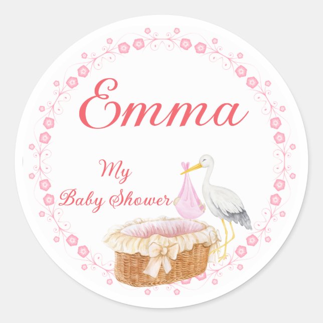 Girl Baby Shower Stickers: Charming Floral Border  Classic Round Sticker (Front)