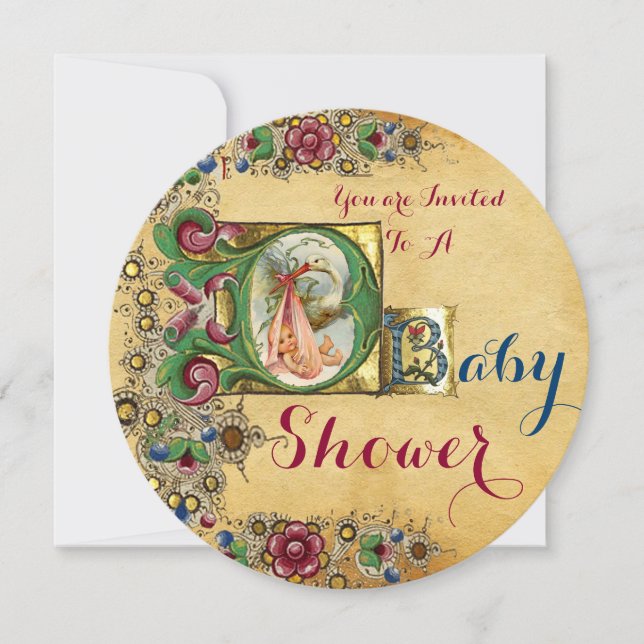 GIRL BABY SHOWER STORK FLORAL PARCHMENT MONOGRAM INVITATION (Front)