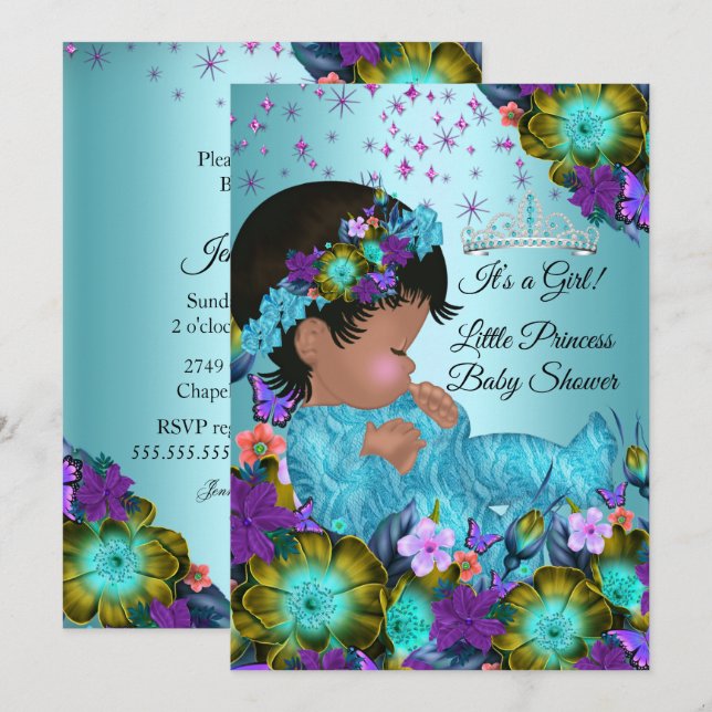 Girl Baby Shower Teal Blue Purple Floral Ethnic Invitation (Front/Back)