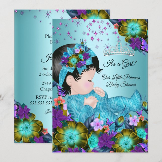 Girl Baby Shower Teal Blue Purple Floral Invitation (Front/Back)