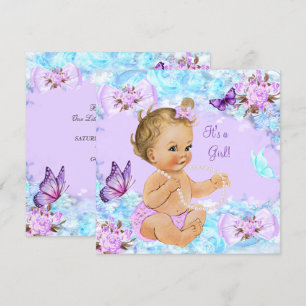 Girl Baby Shower Teal Purple Butterfly Blonde Invitation