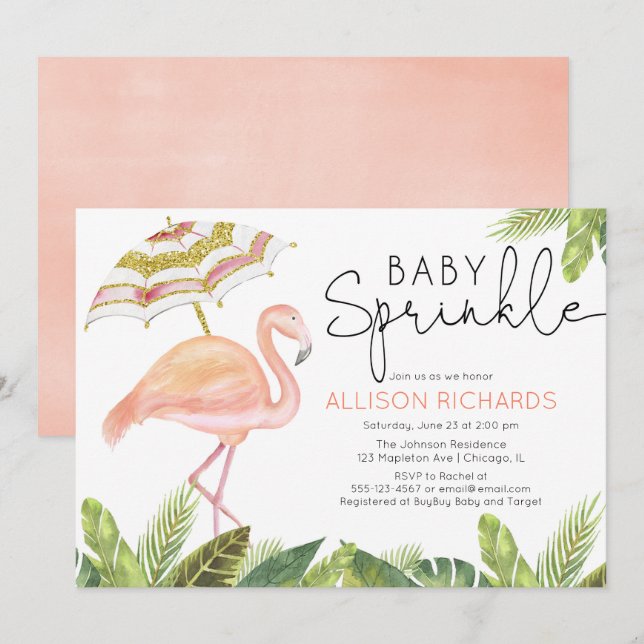 Girl baby sprinkle flamingo pink gold shower invitation (Front/Back)