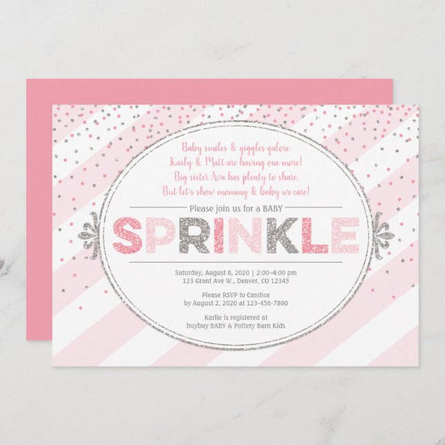 Girl baby sprinkle invitation pink silver invite (Front/Back)