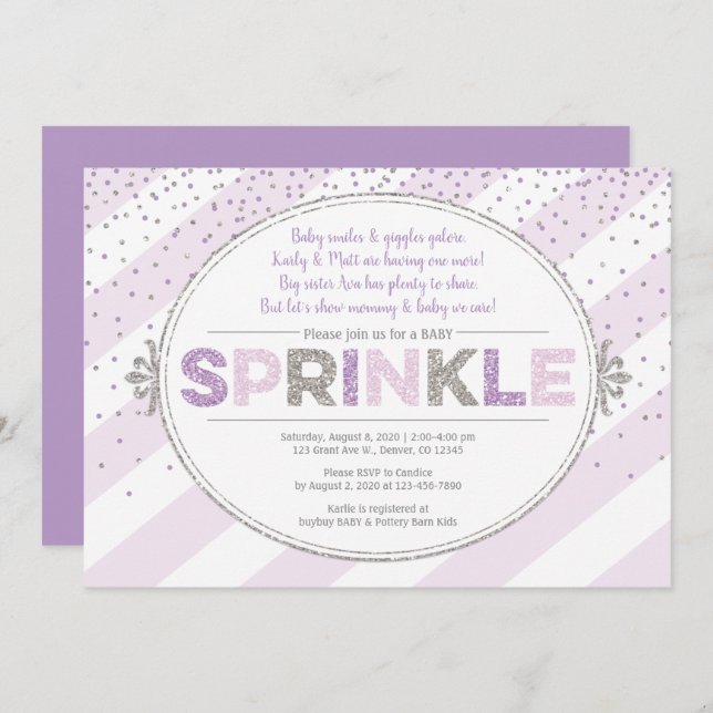 Girl baby sprinkle invite purple silver glitter (Front/Back)