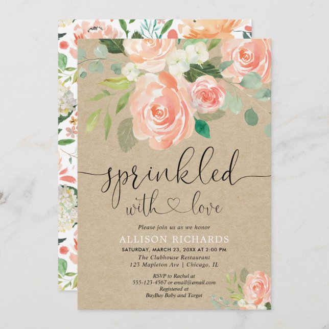 Girl baby sprinkle peach floral rustic kraft invitation (Front/Back)