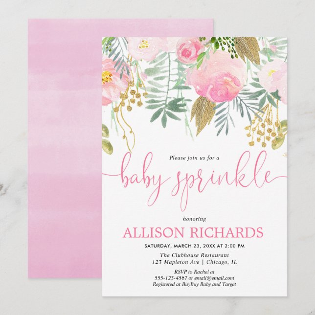 Girl baby sprinkle pink gold greenery floral invitation (Front/Back)