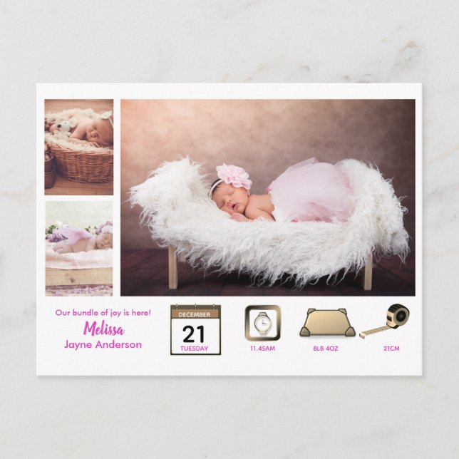 Girl BABY STATS Photo Collage Modern Pink Postcard (Front)