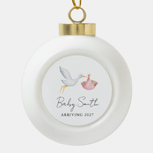 Girl Baby Water Colour Stork Announcement Year Ceramic Ball Christmas Ornament