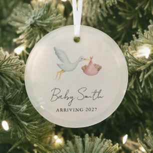 Girl Baby Water Colour Stork Announcement Year Glass Tree Decoration